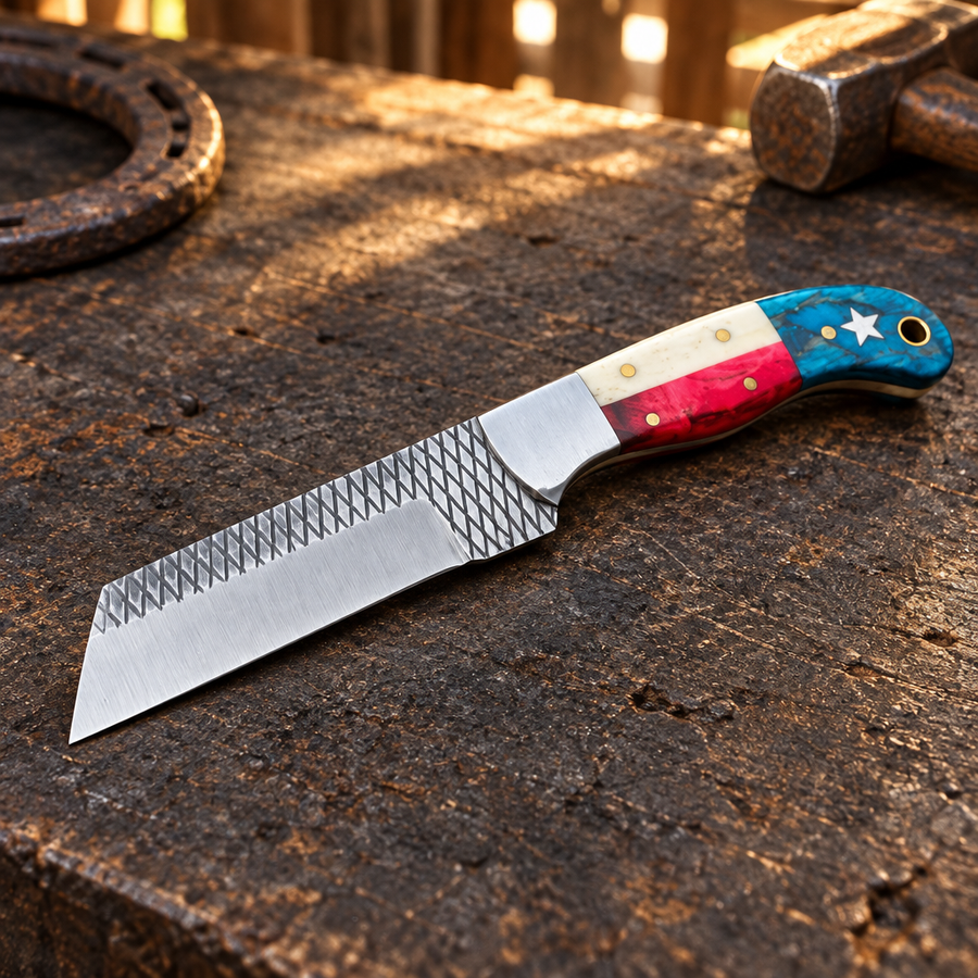 Red-white-blue knife on a farrier's workbench