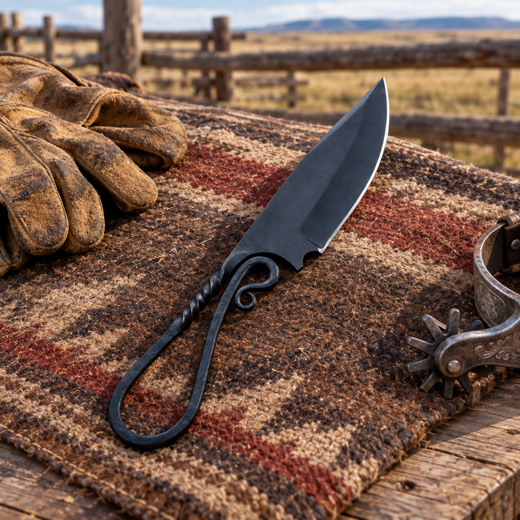 Black forged knife on a ranch saddle blanket