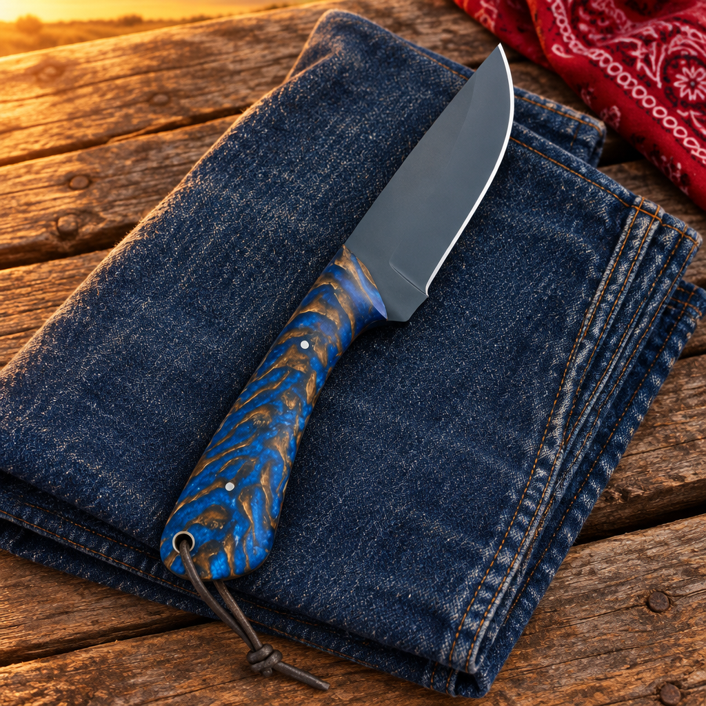 Blue-and-gold knife on denim and wagon planks