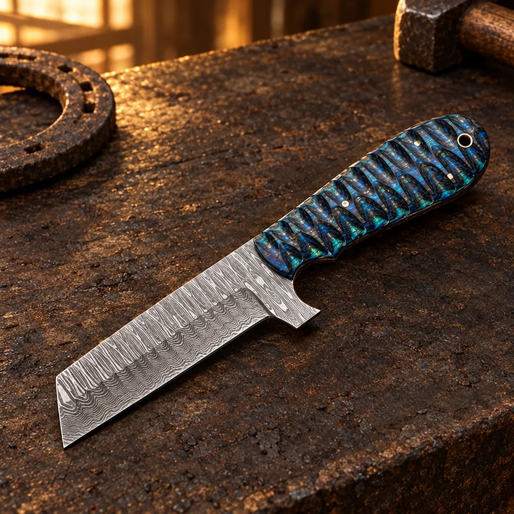 Midnight Blue Rancher — Handmade Damascus Bull Cutter