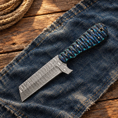 Midnight Blue Rancher — Handmade Damascus Bull Cutter