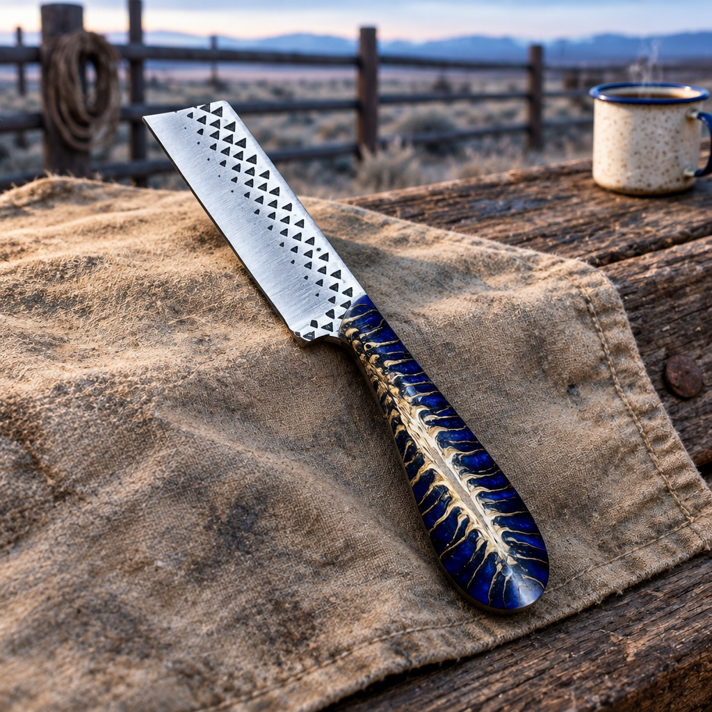 Blue-handled knife at an outdoor ranch chuckwagon