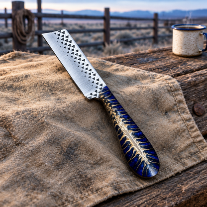 Blue-handled knife at an outdoor ranch chuckwagon