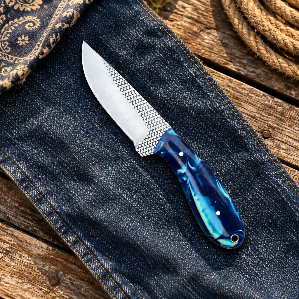Blue marbled cowboy knife on denim and ranch wagon planks