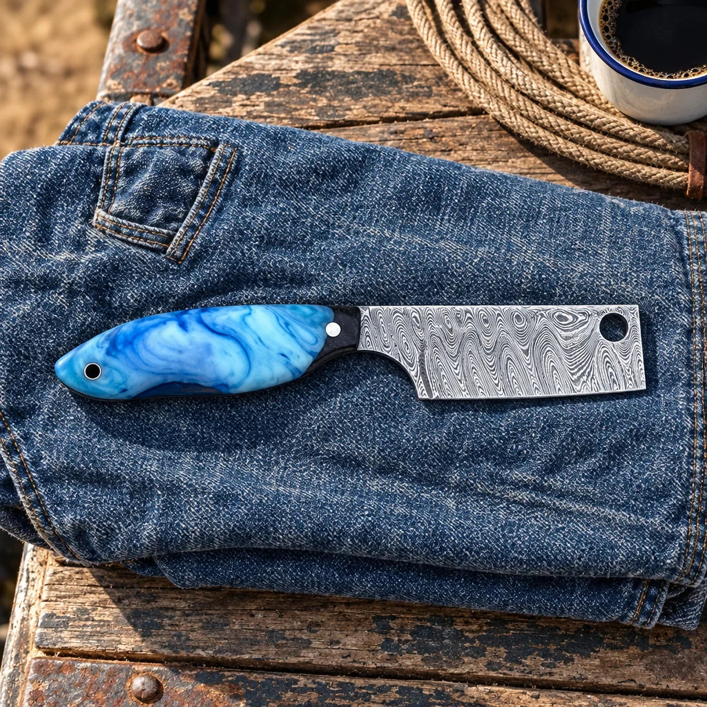 Blue Feather Drifter — Handmade Damascus Steel Knife