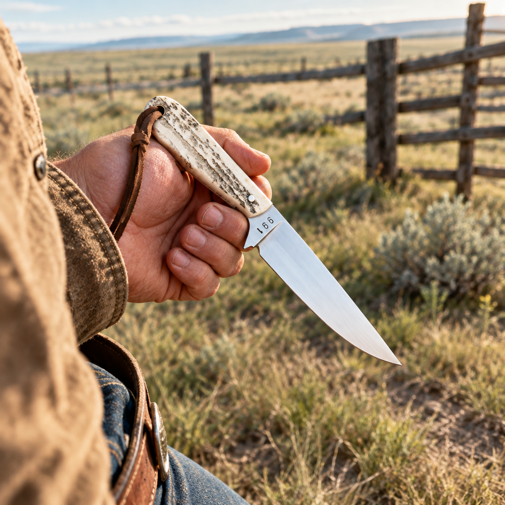 Cowboy holding the 8-inch knife overlooking the ranch