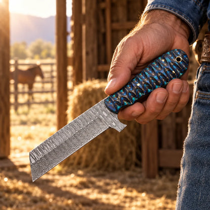 Midnight Blue Rancher — Handmade Damascus Bull Cutter