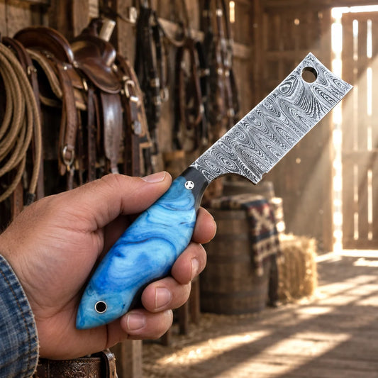 Blue Feather Drifter — Handmade Damascus Steel Knife