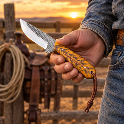 Sunset Pine Rider — Handmade Farrier Rasp Knife