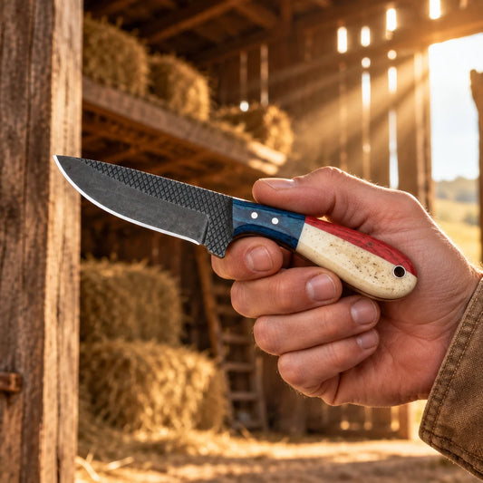Red & Blue Lone Star Outlaw — Handmade Farrier Rasp Knife
