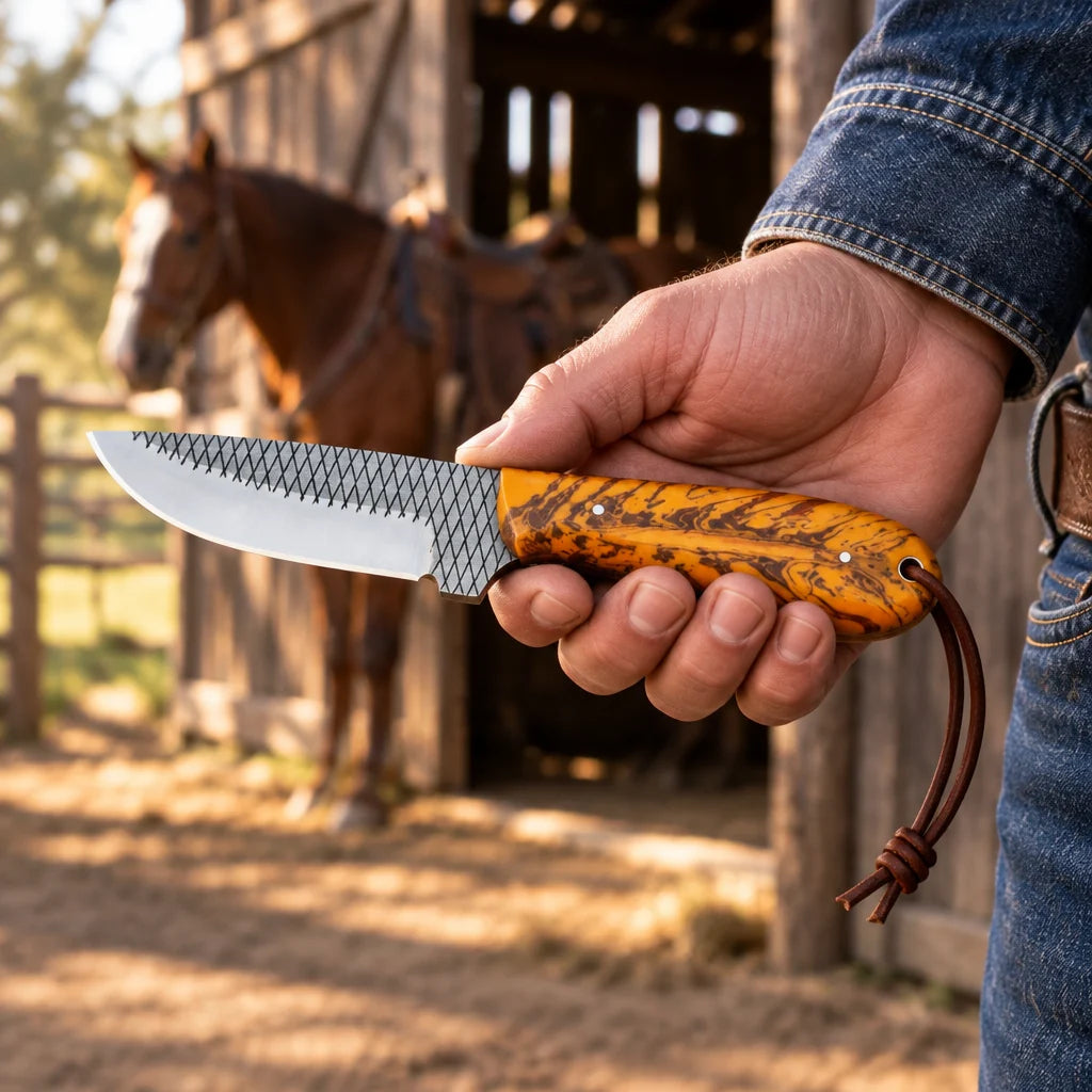 Sunset Pine Rider — Handmade Farrier Rasp Knife