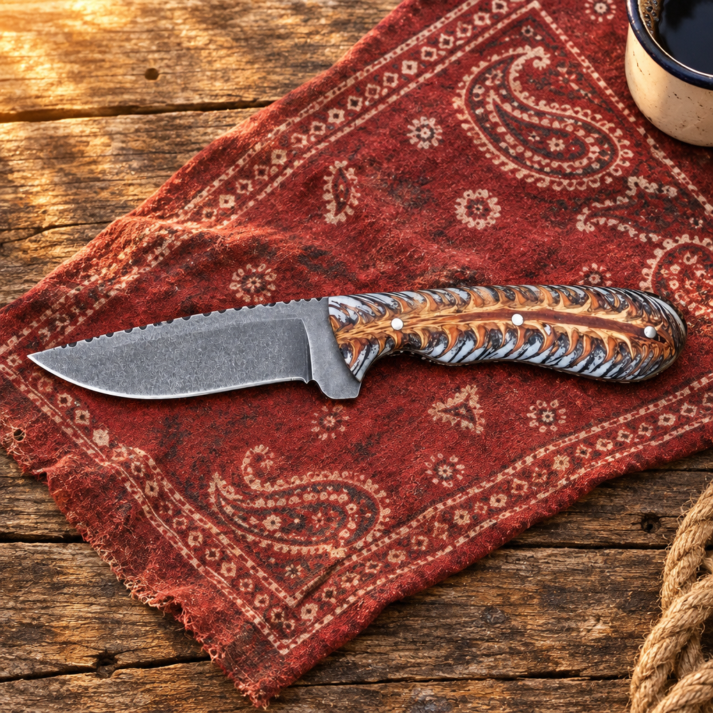 Cowboy knife flat lay on chuckwagon wood and bandana
