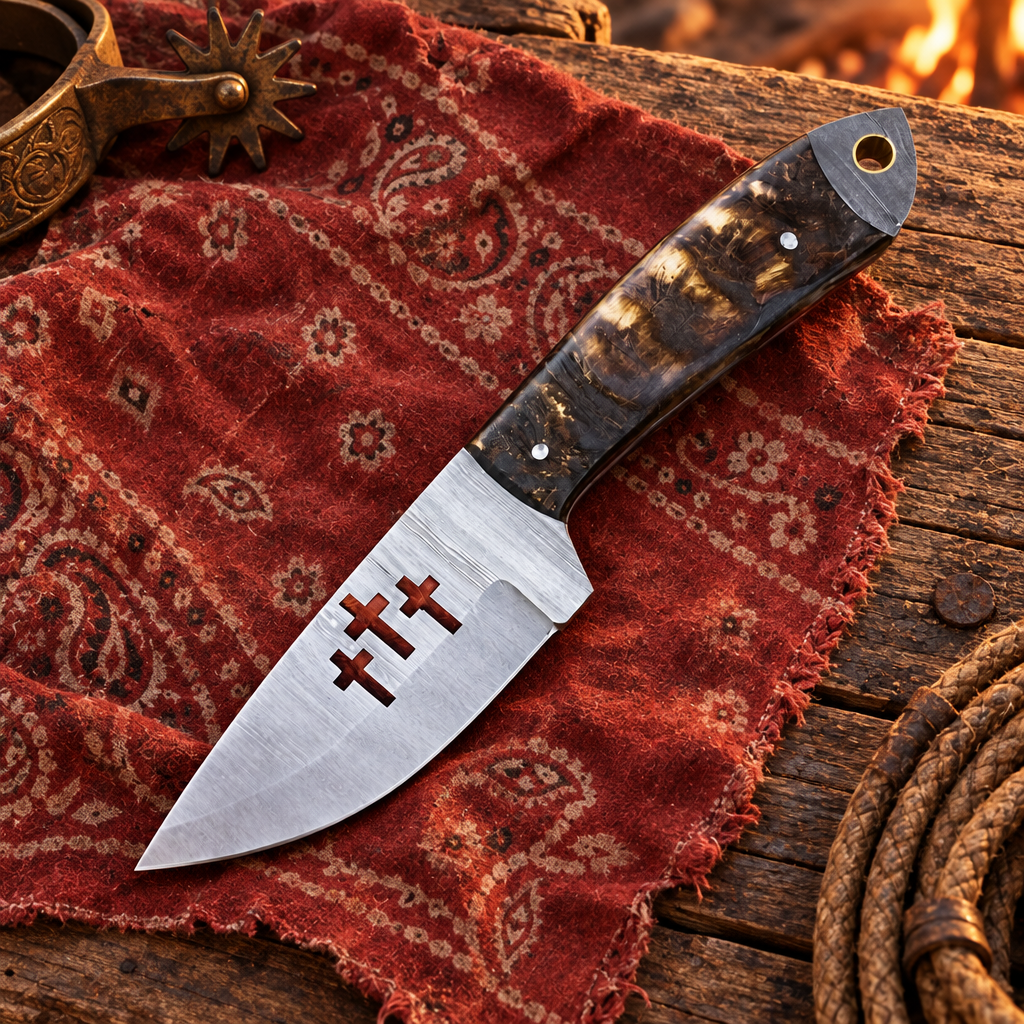 Cross-detailed knife on a cowboy bandana