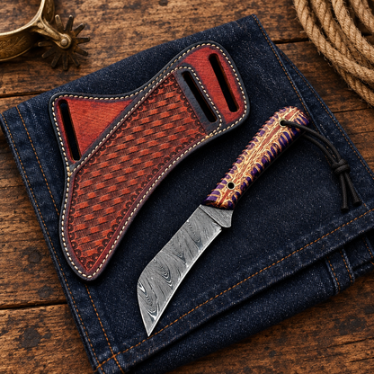 Damascus cowboy knife and basket-weave sheath on denim