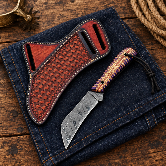 Damascus cowboy knife and basket-weave sheath on denim