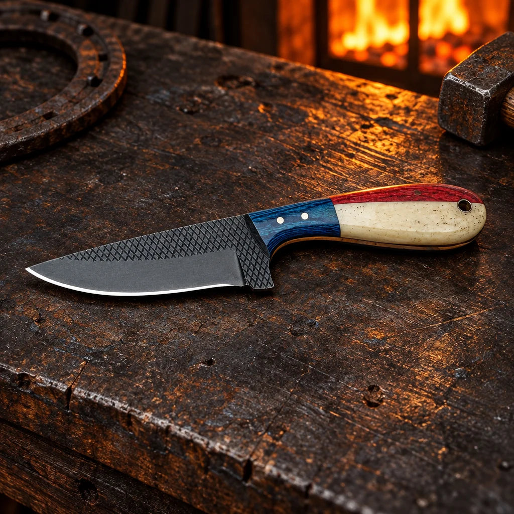 Red & Blue Lone Star Outlaw — Handmade Farrier Rasp Knife