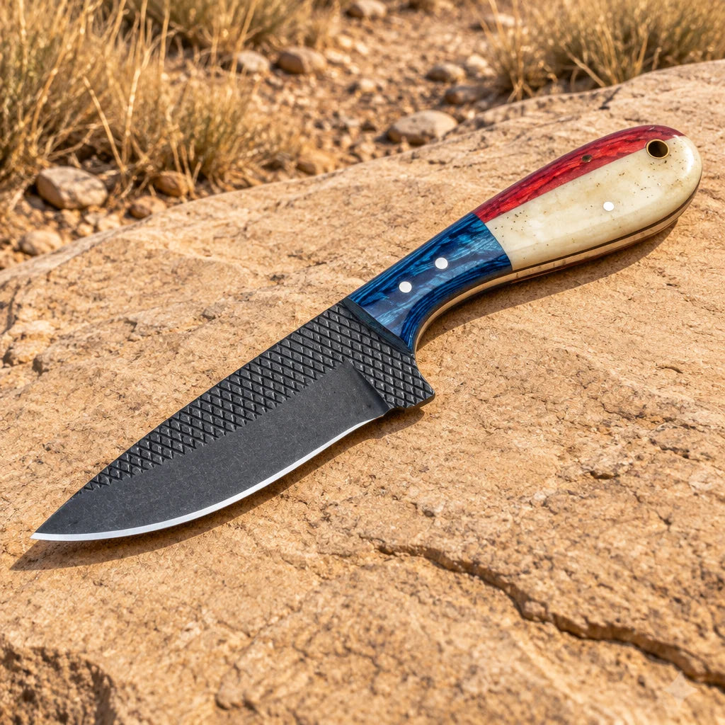 Red & Blue Lone Star Outlaw — Handmade Farrier Rasp Knife