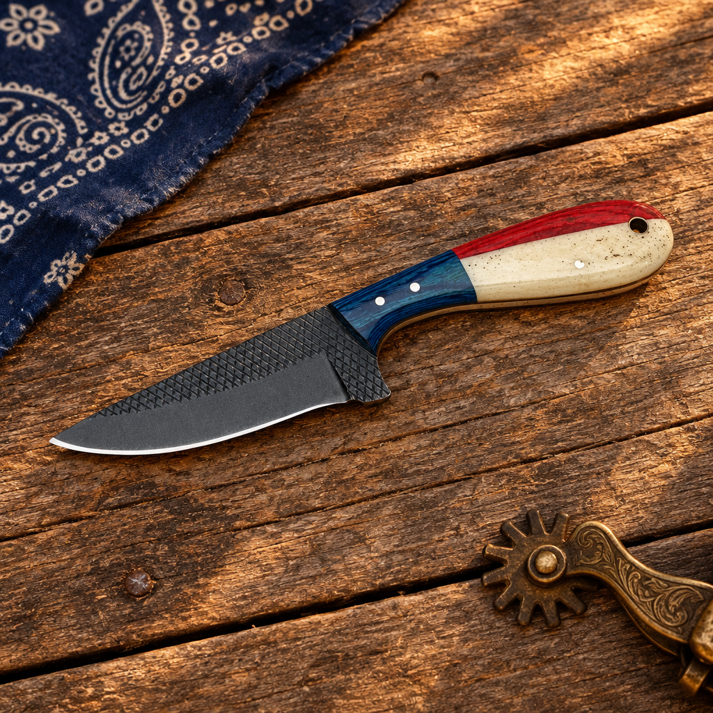 Dark-bladed knife on ranch wagon planks