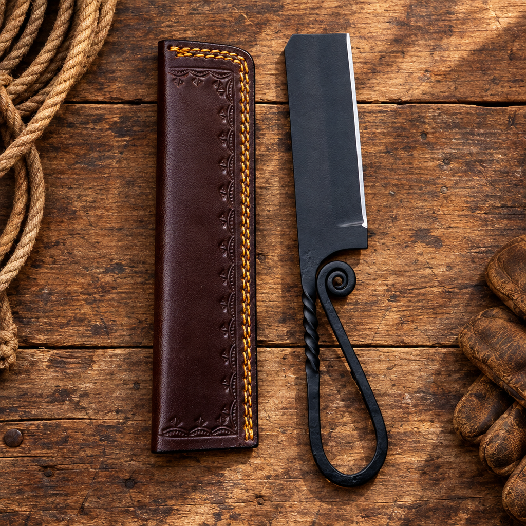 Forged Western knife and stitched sheath in a ranch flat lay