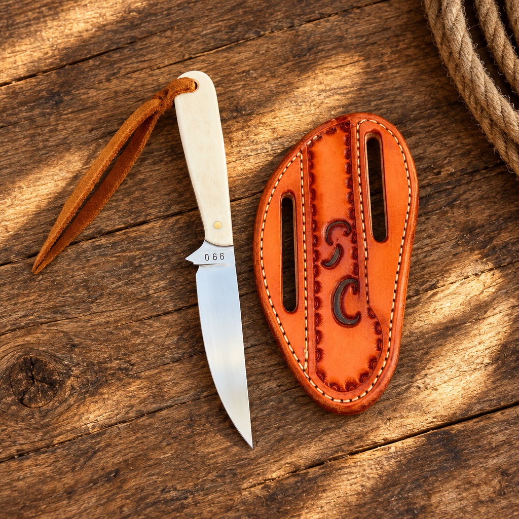 Ivory-handled knife and original-size leather sheath in a ranch flat lay