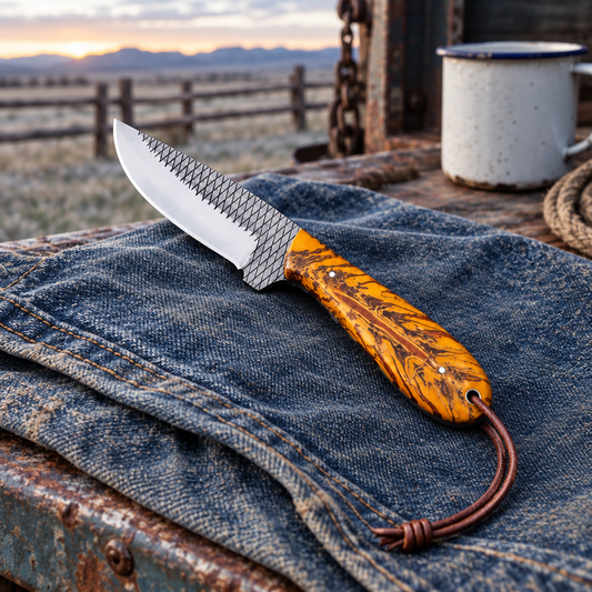 Marbled-handle knife at an outdoor ranch chuckwagon