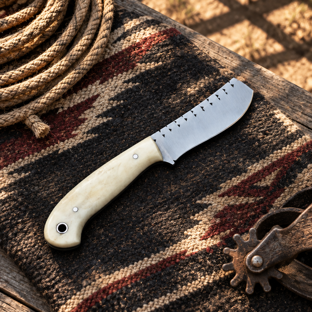 Pale-handled knife in a Western ranch flat lay