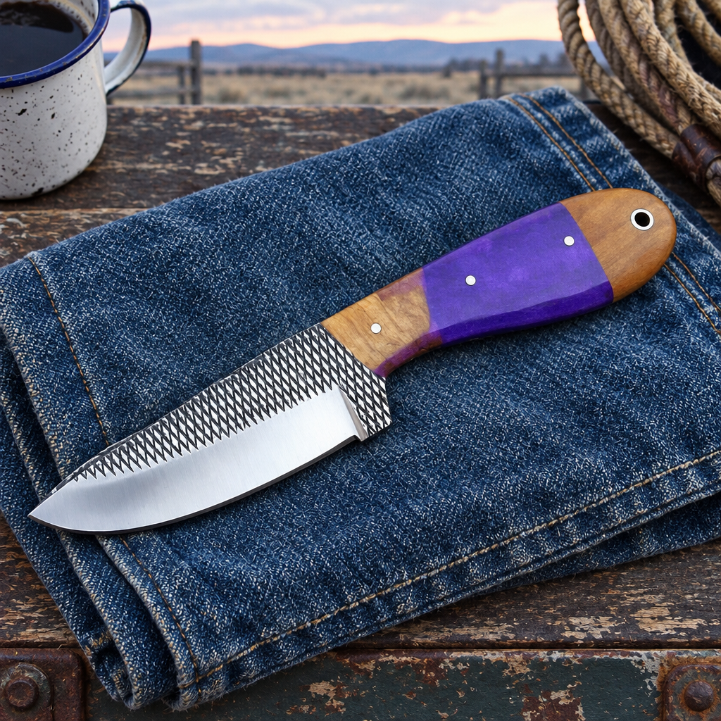 Purple-and-wood-handled knife on denim at a chuckwagon