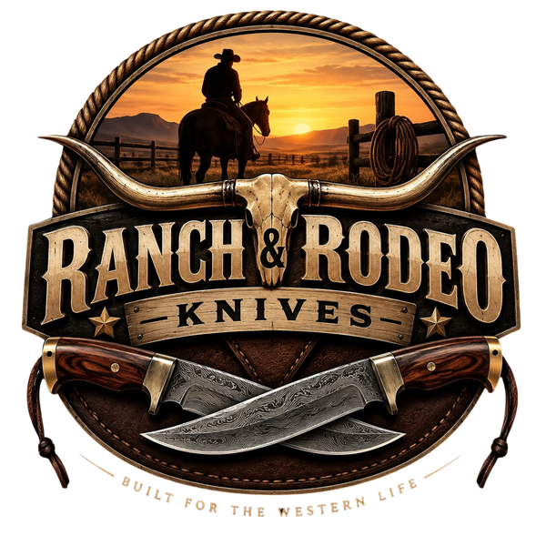 Ranch & Rodeo Knives logo graphic on a black background, featuring a cowboy riding a horse at sunset with a longhorn skull and two crossed knives below. Text reads 'RANCH & RODEO KNIVES' and 'BUILT FOR THE WESTERN LIFE'.