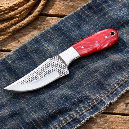 Red marbled-handled knife without its leather sheath
