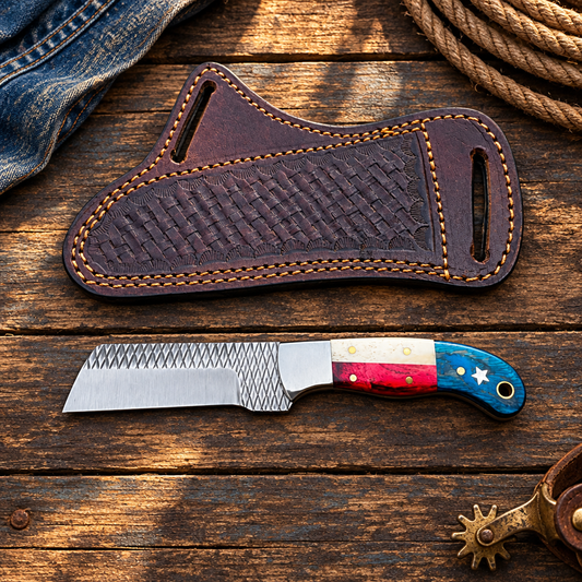 Red-white-blue cowboy knife and sheath in a Western flat lay