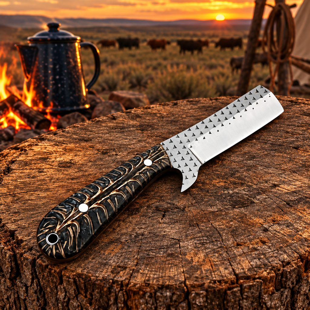 Squared-blade cowboy knife at a cattle-drive campsite