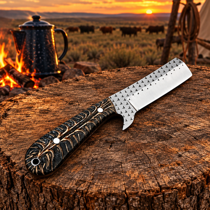 Squared-blade cowboy knife at a cattle-drive campsite