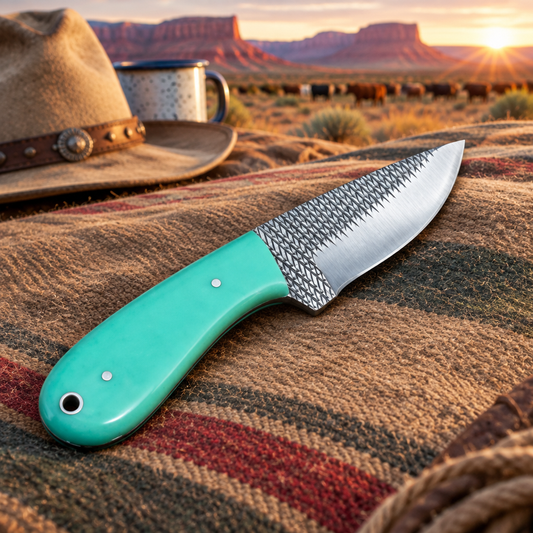 Turquoise-handled knife on a canvas bedroll at a Western campsite