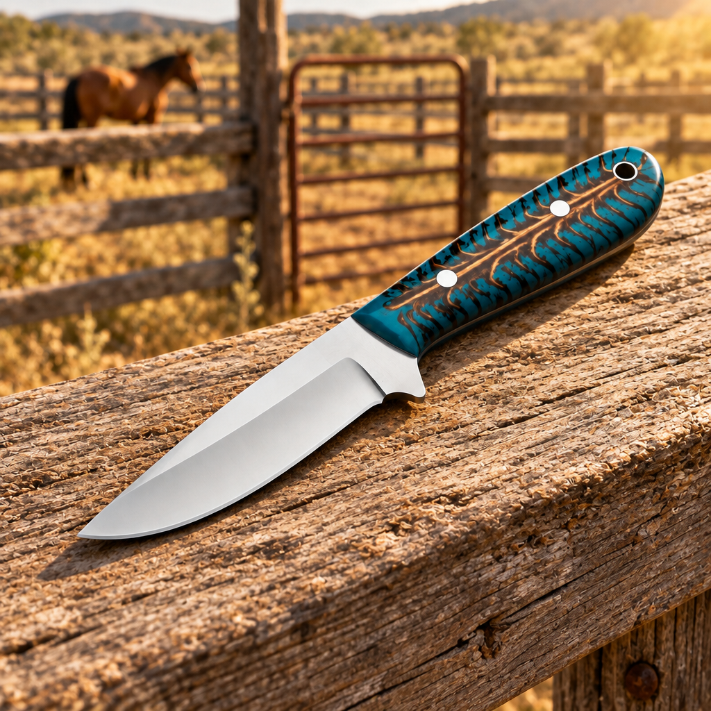 Turquoise-handled knife on a corral rail