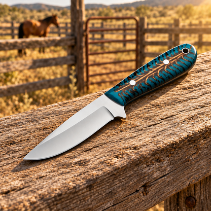 Turquoise-handled knife on a corral rail