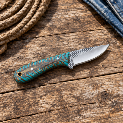 Turquoise-handled knife on a ranch tabletop