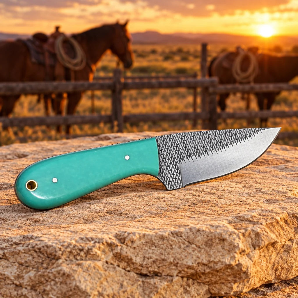 Sagebrush Turquoise Outlaw — Handmade Farrier Rasp Knife
